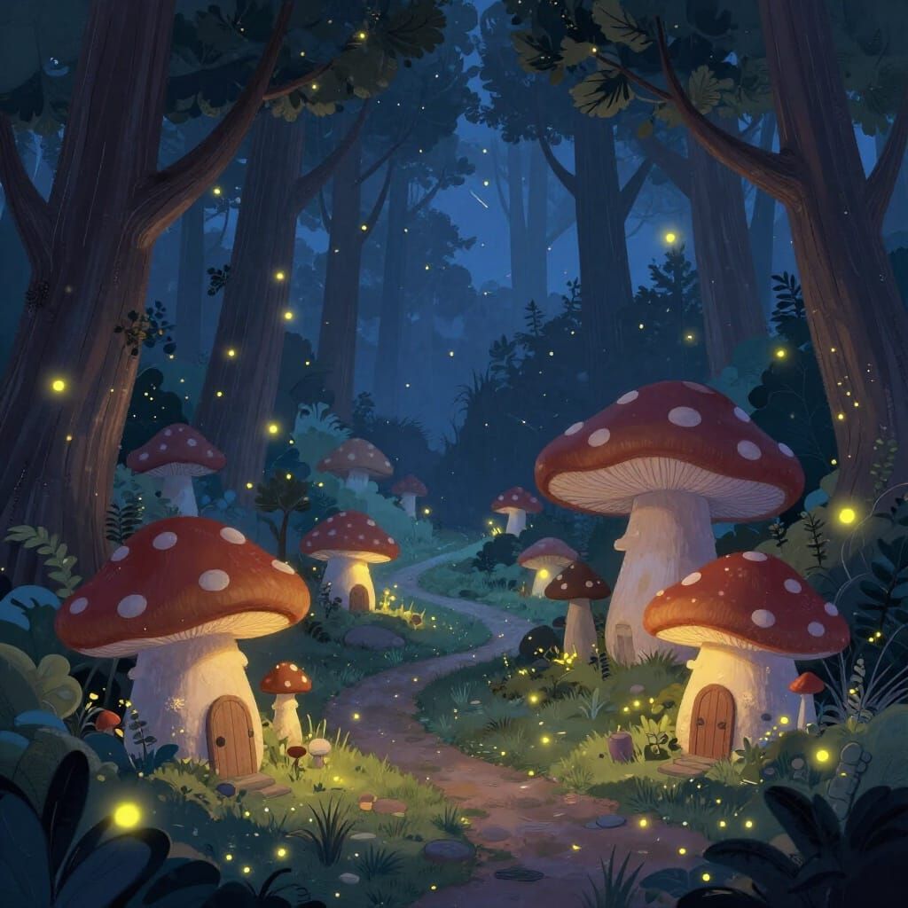 Enchanting Mushroom Village in Bioluminescent Forest