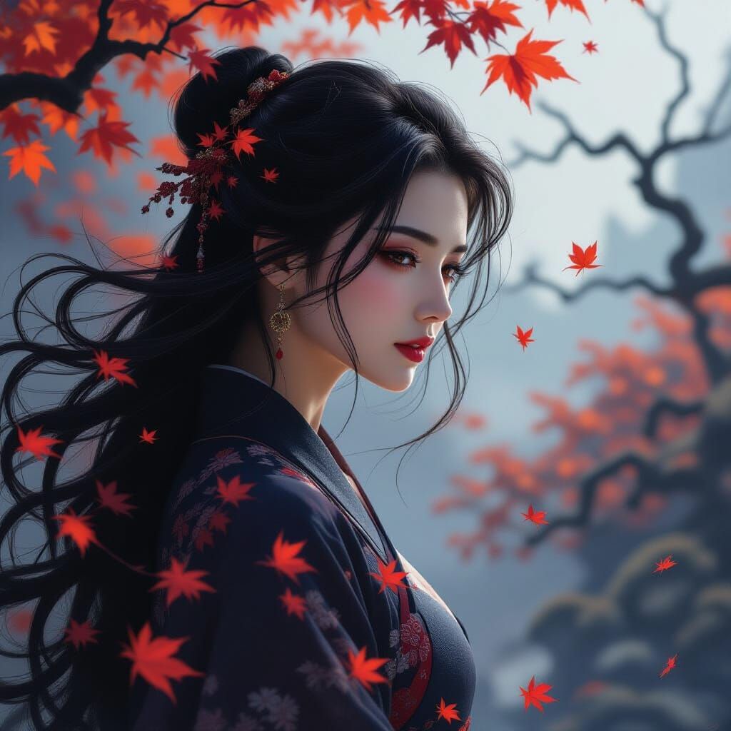 Autumn Garden Double Exposure: Woman and Blossoms