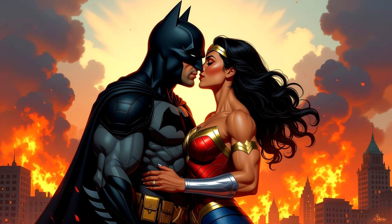 Batman and Wonder Woman Embrace Amidst Burning City