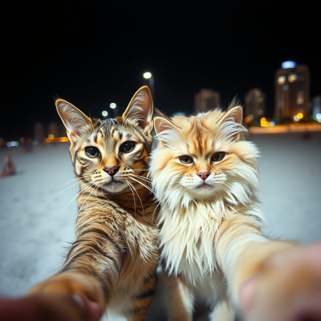 Vibrant City Night Scene with Feline Duo
