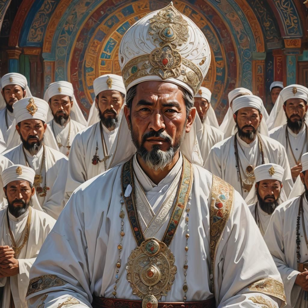 Uygur Manichaean Clergy in White: Hyperrealistic Art