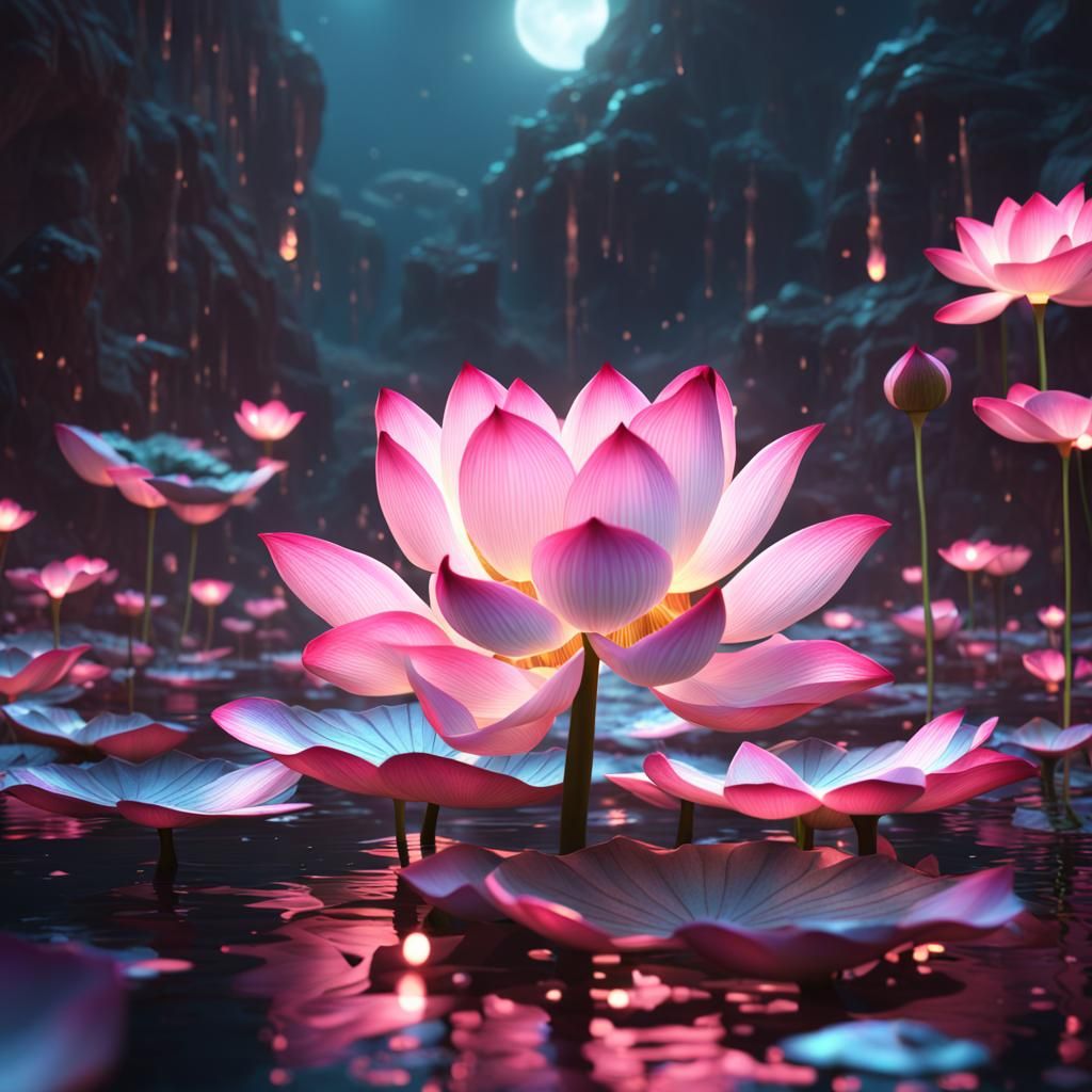 Shining Pink Lotus Flower in a Fantasy Landscape