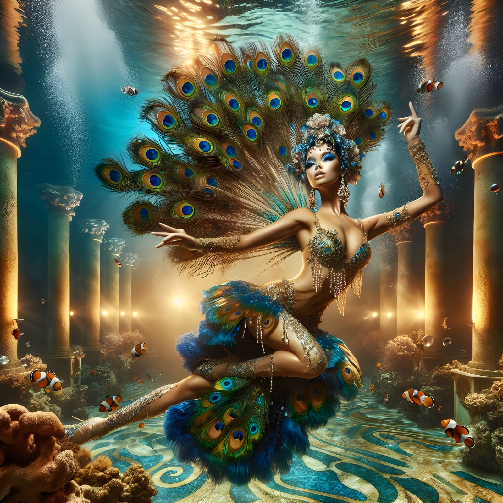 Ethereal Showgirl's Underwater Art Nouveau Performance