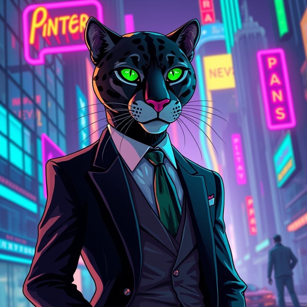 Anthropomorphic Panther in Cyberpunk Cityscape, Editorial St...