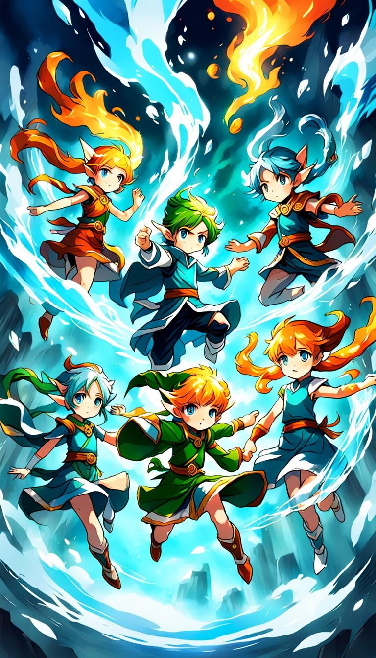 Elf Surrounded by Four Elements in Anime Style