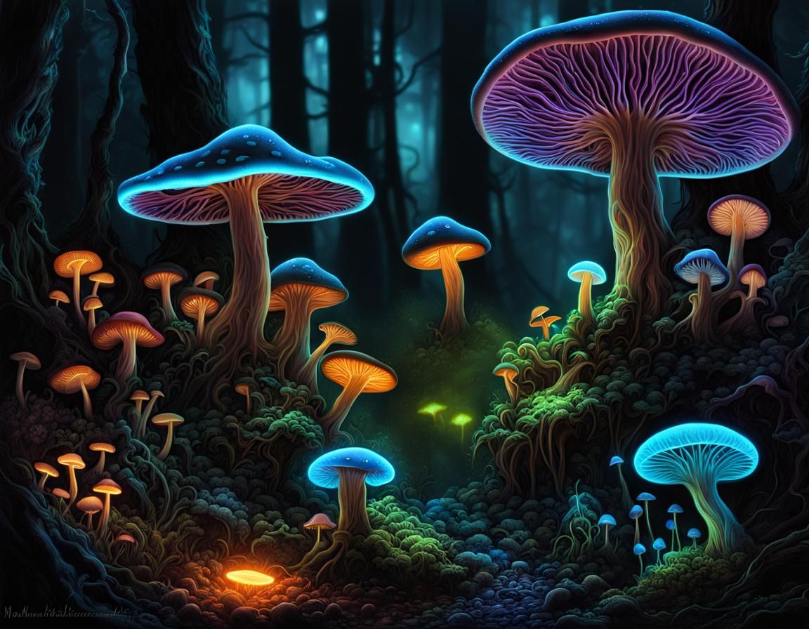 Bioluminescent Mushrooms in Dark Fantasy Forest