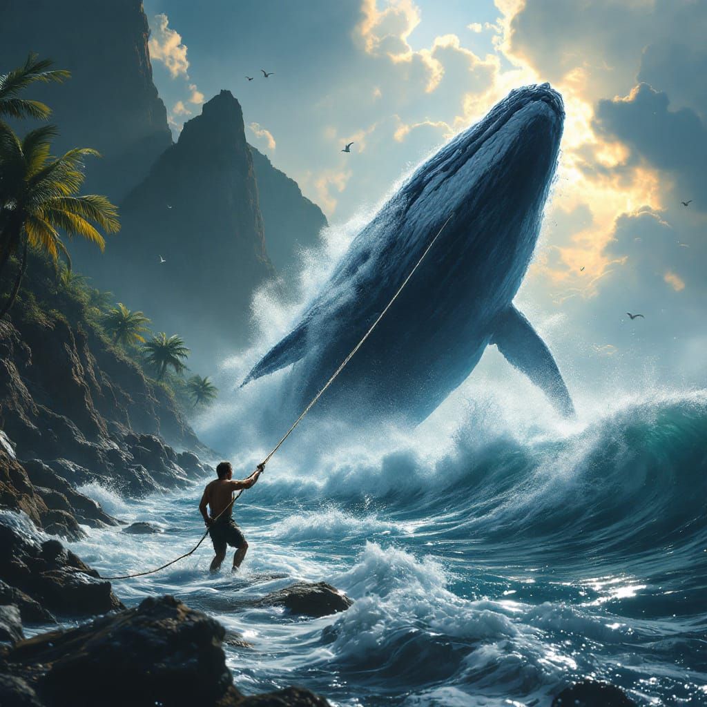 Epic Struggle: Fisherman vs. Giant Whale on Tropical Island