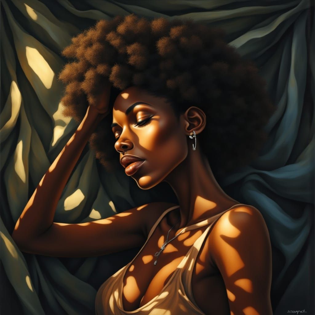 Beautiful Black Woman in Soft Light Amidst Shadows