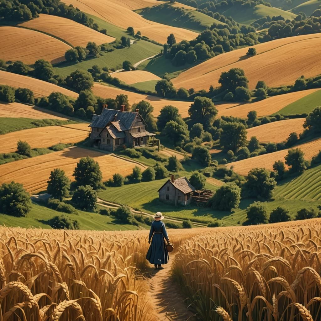 Picturesque Golden Wheat Fields and Orchards
