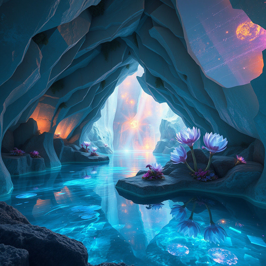 Luminous Crystal Cave Oasis in Surreal Style