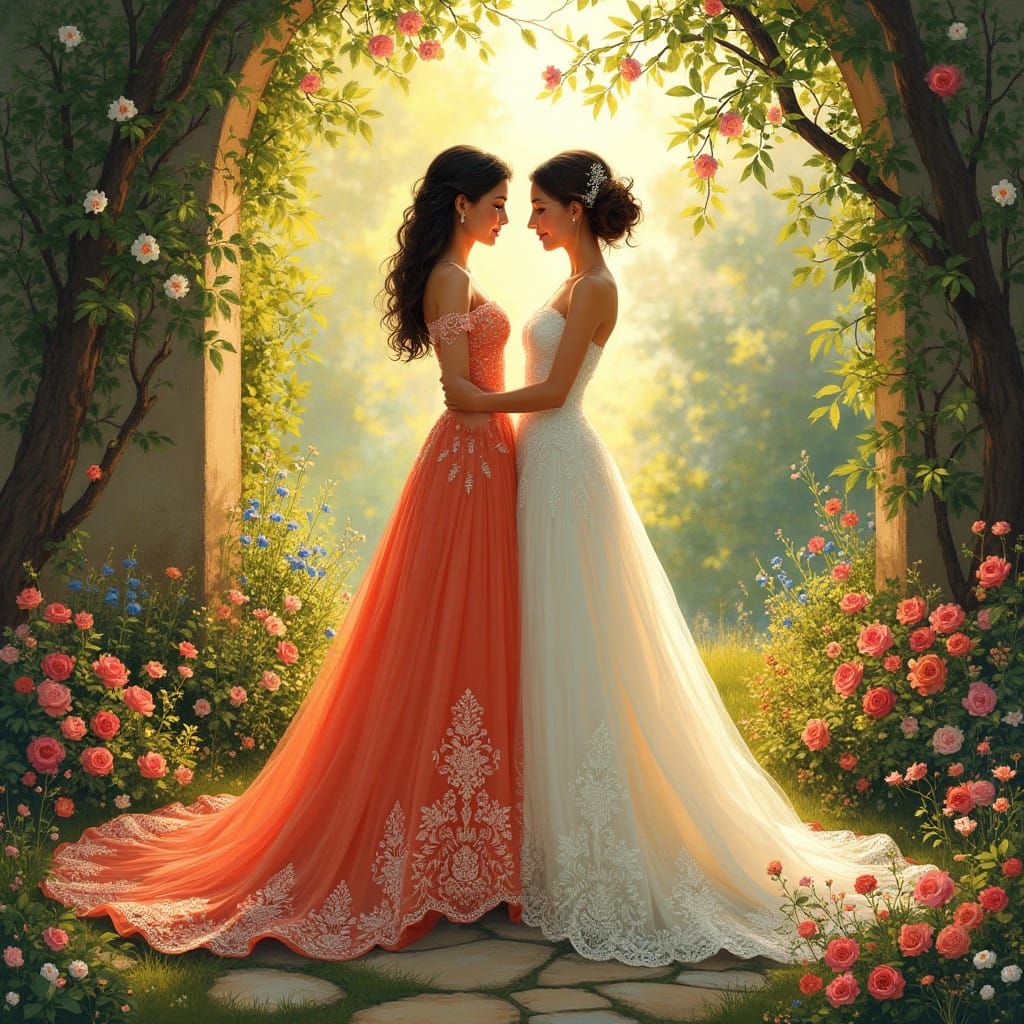 Elegant Women Exchange Vows in a Vibrant Garden