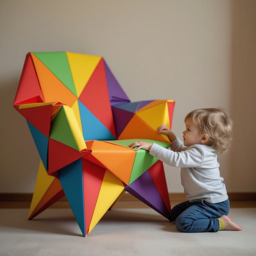 Colorful Origami Chair and Child Climbing