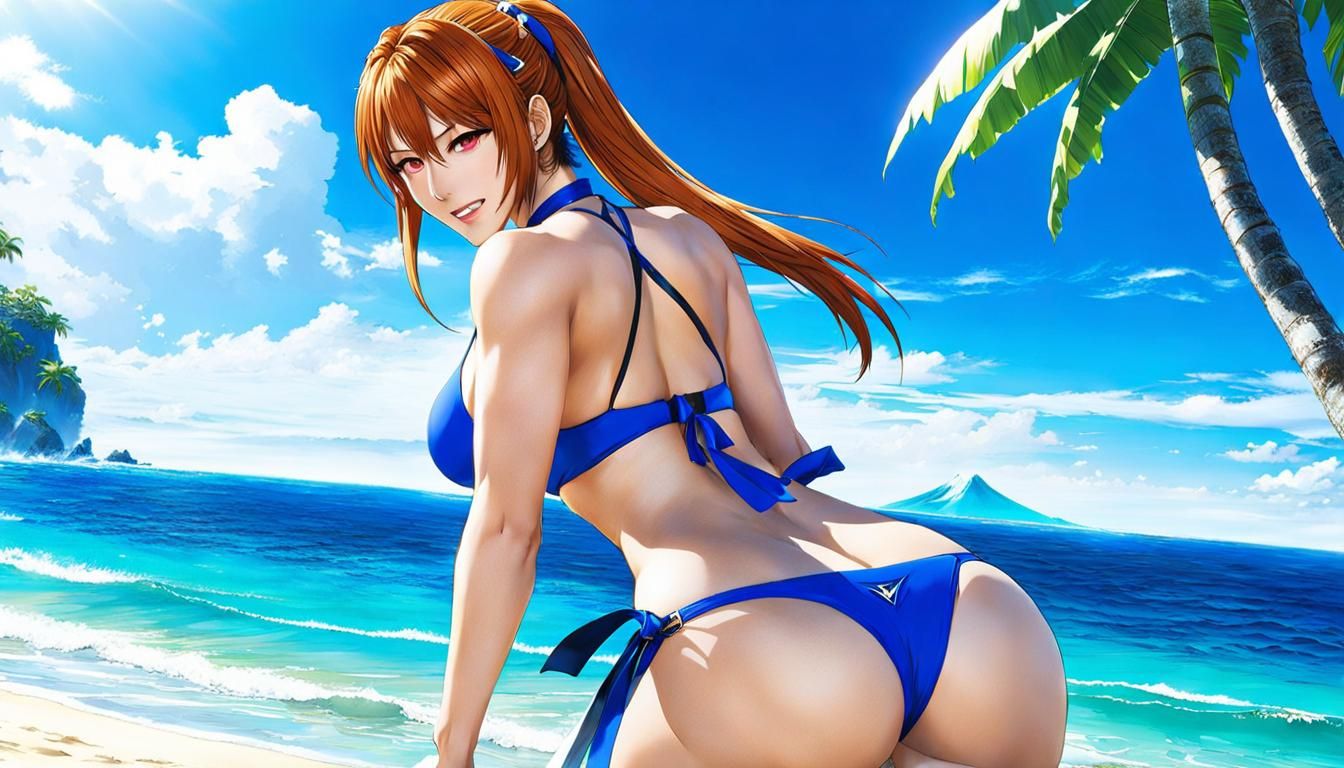 Hot smilling Asuka Kazama, from Tekken 7, using a hot blue bikini in a hot position with her back turned, at a tropical ...