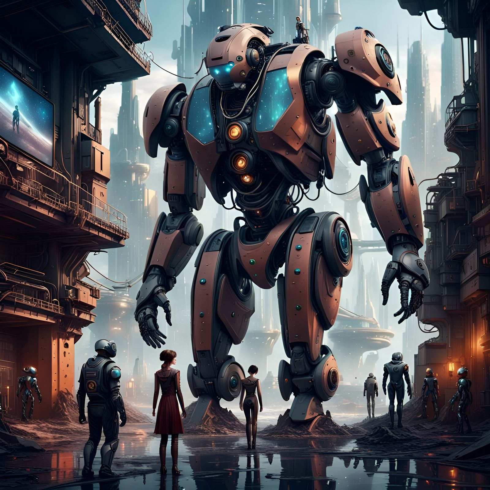 Humans and Robots Integrate in a Futuristic City