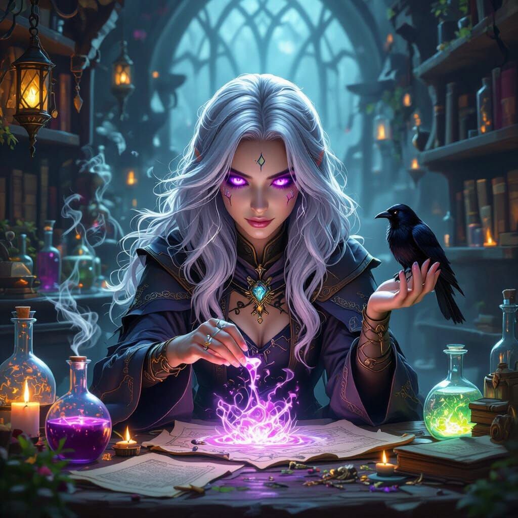 Mage Concentrates on Mystical Potion, Fantasy Art