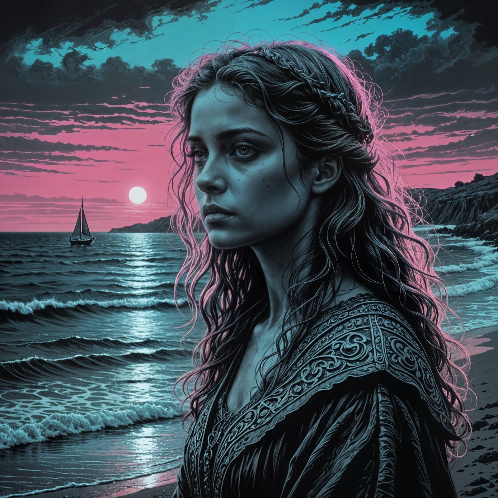 Melancholic Girl at Wine Dark Ocean in Synthwave Style