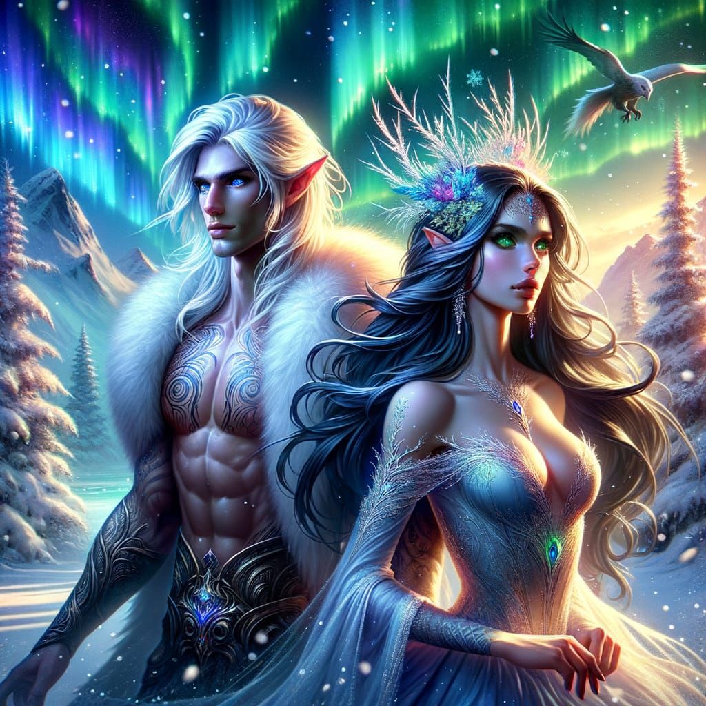 Snow Elf and Woman in Northern Lights Game Poster