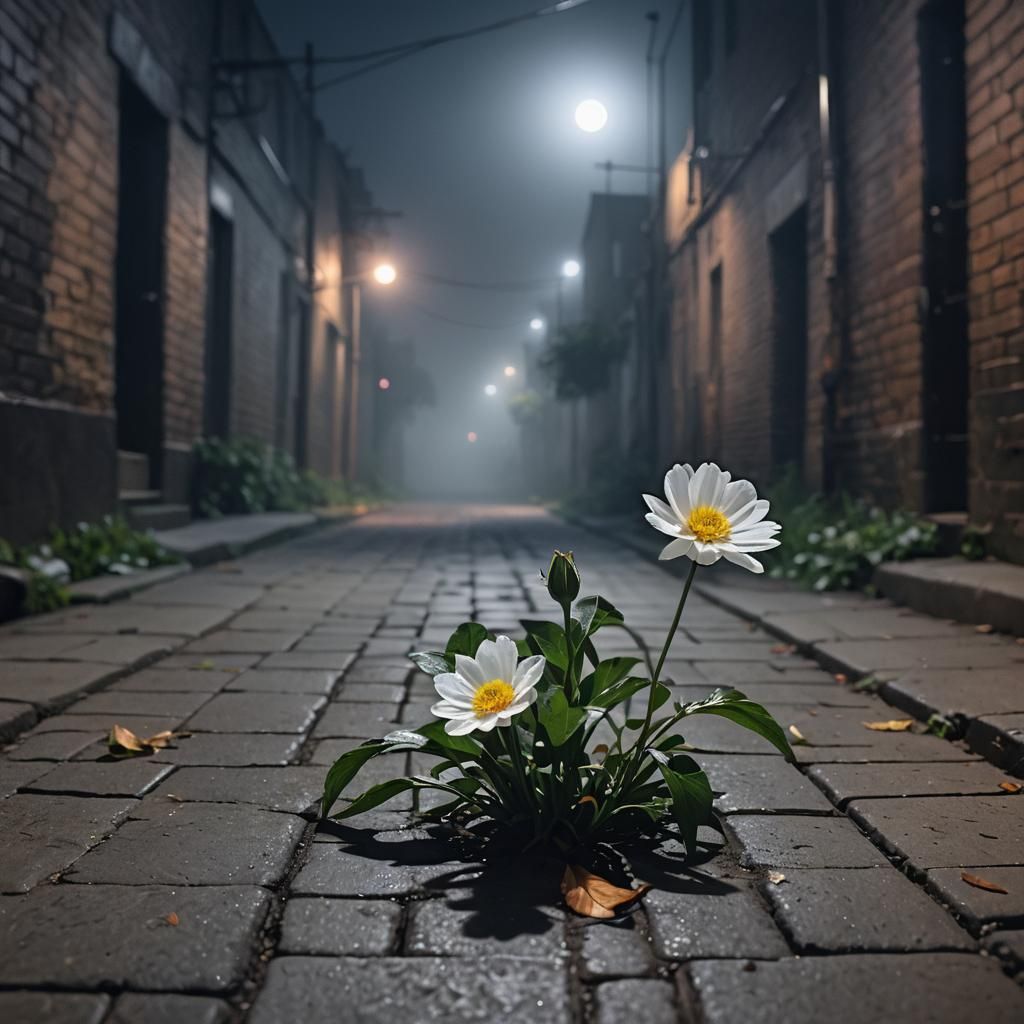 Eerie Midnight Alley: Single Flower Under Moonlight