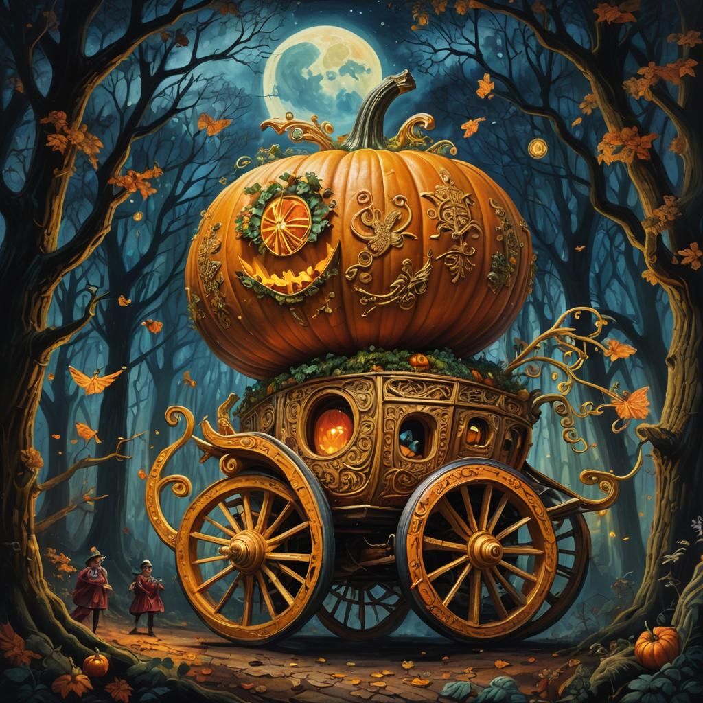 Mystical Pumpkin Carriage Soaring Through Dark Forest