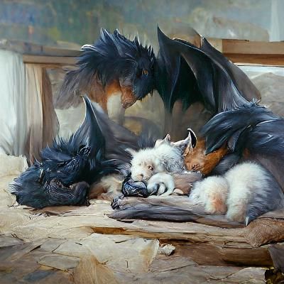Dragon, Kitten, and Puppy Friendship: Oil Painting