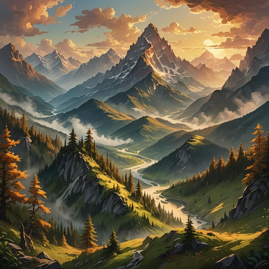 Painterly Sunset Mountain Range in Unreal Engine 5 Style