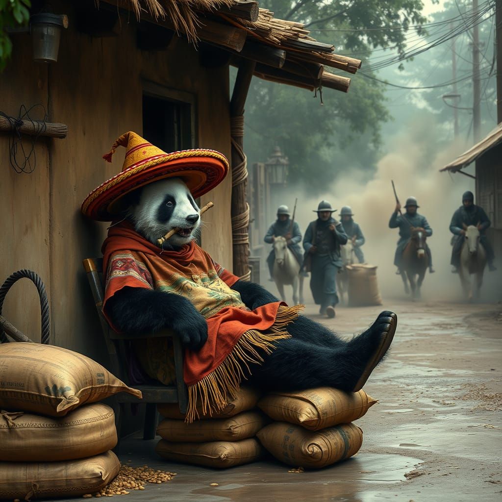 Panda Lounging as Bandits Approach in Dusty Street