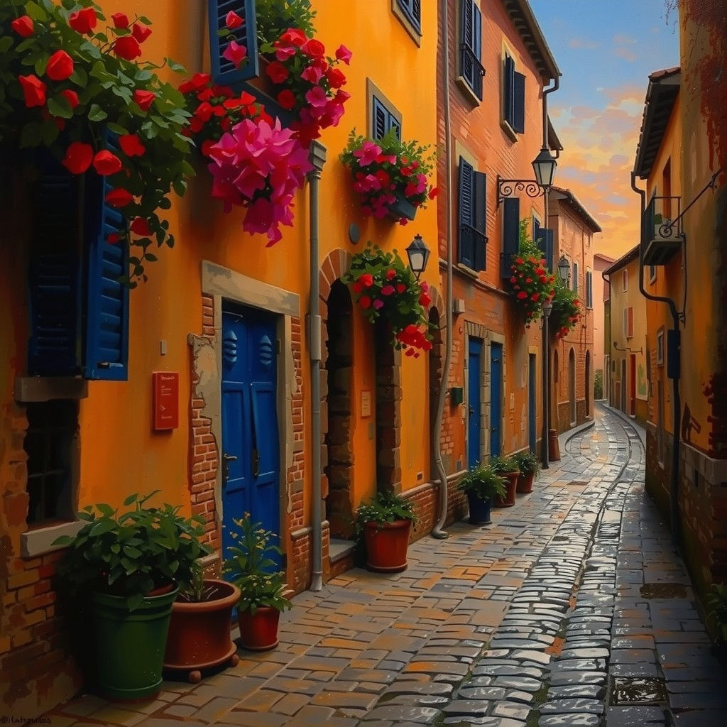 Italian Alleyway at Golden Hour: Impressionistic Oil Paintin...