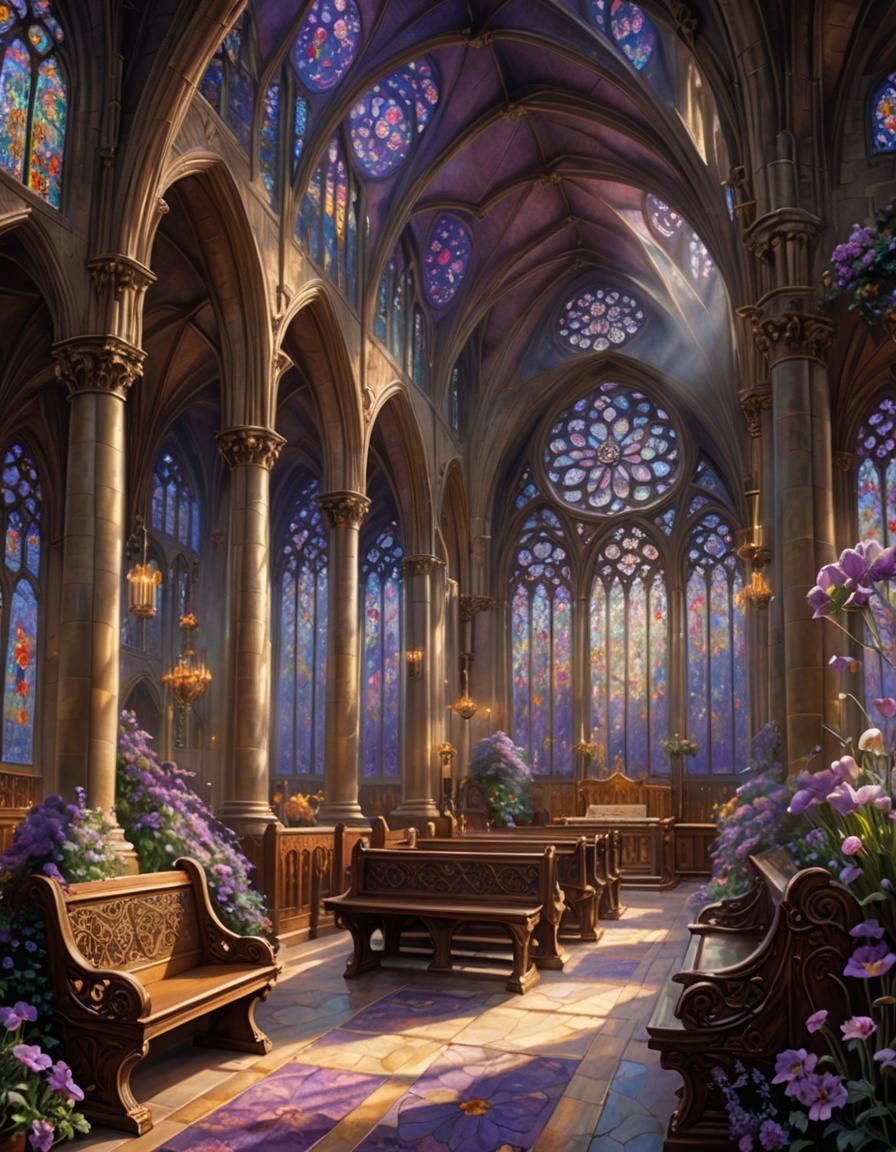 Ethereal Cathedral Interior with Buttercup Flowers as Oil Pa...