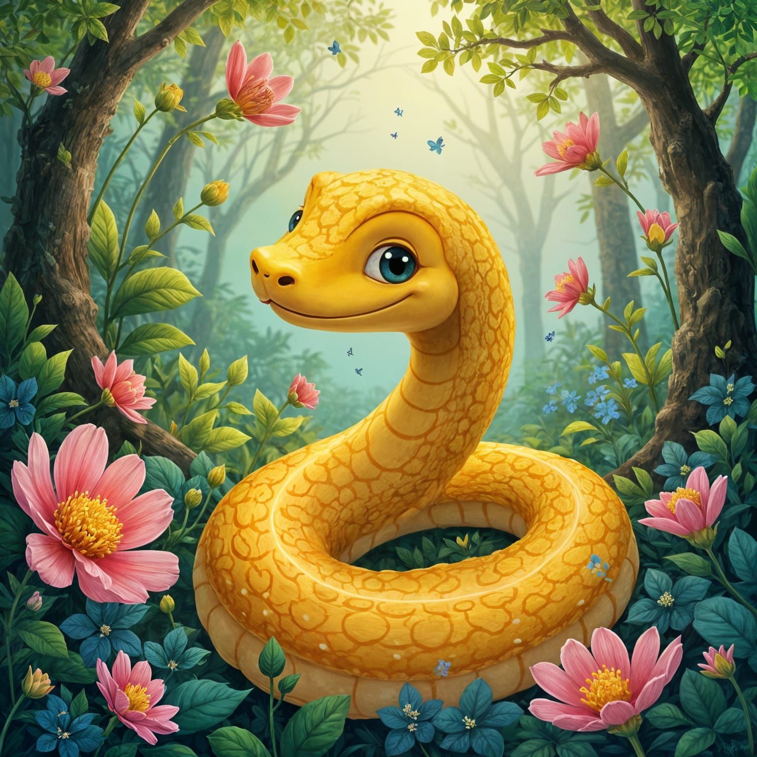 Whimsical Golden Snake in Vibrant Floral Forest