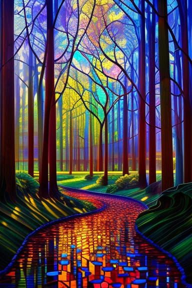 Stained Glass Forest: Hyperdetailed Digital Landscape Art