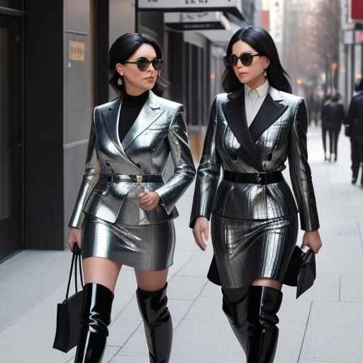 Two Female Lawyers in Silver Suits Walking