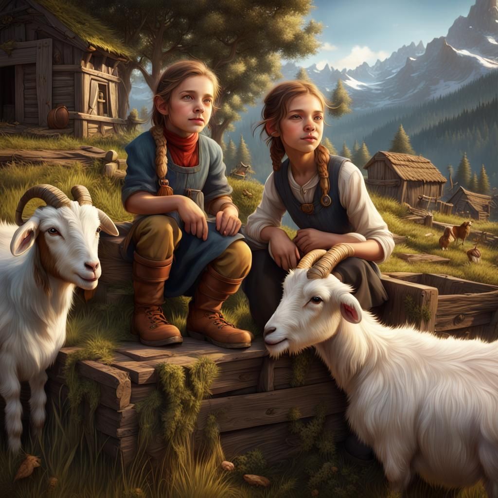 Alpine Farm: Children and Goats in Matte Painting