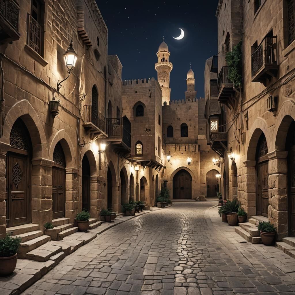 Night Scene: Beautiful Street in Arab Middle Ages