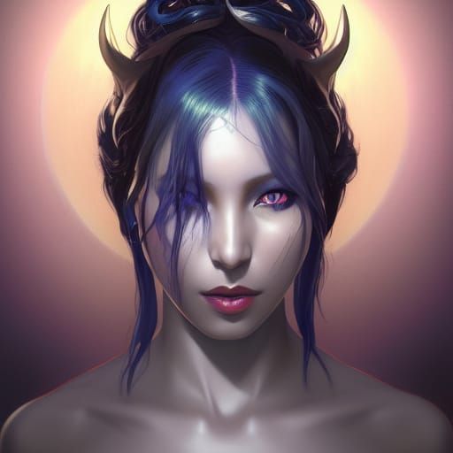 Devil Queen Portrait with Silky Hair, Digital Art