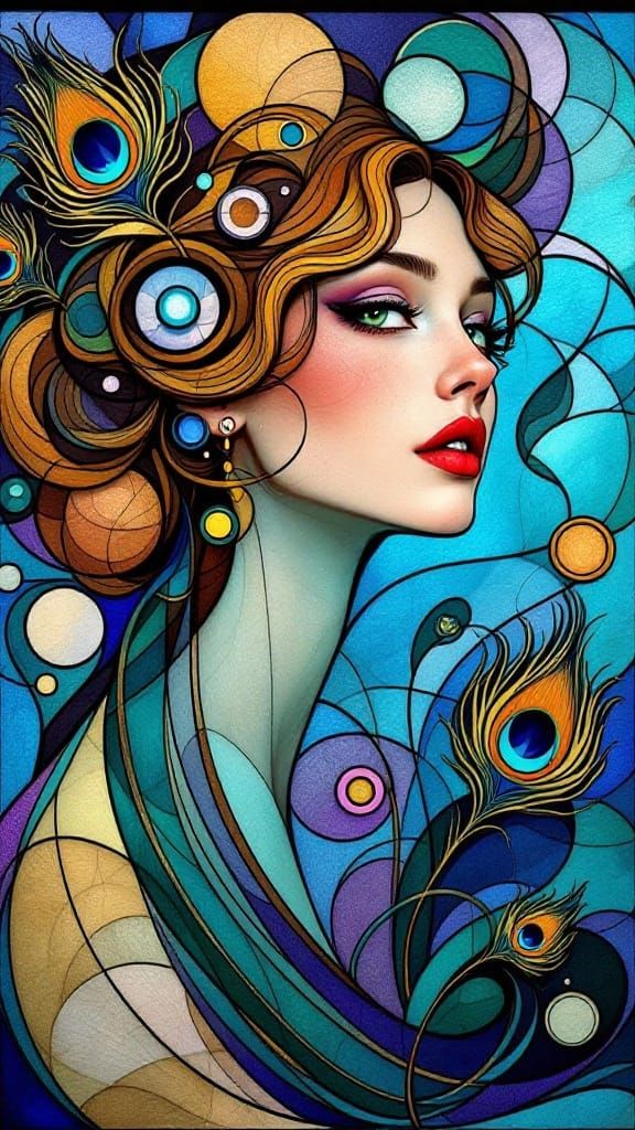 Ethereal Woman in Stained Glass Dreamscape with Floral Accen...