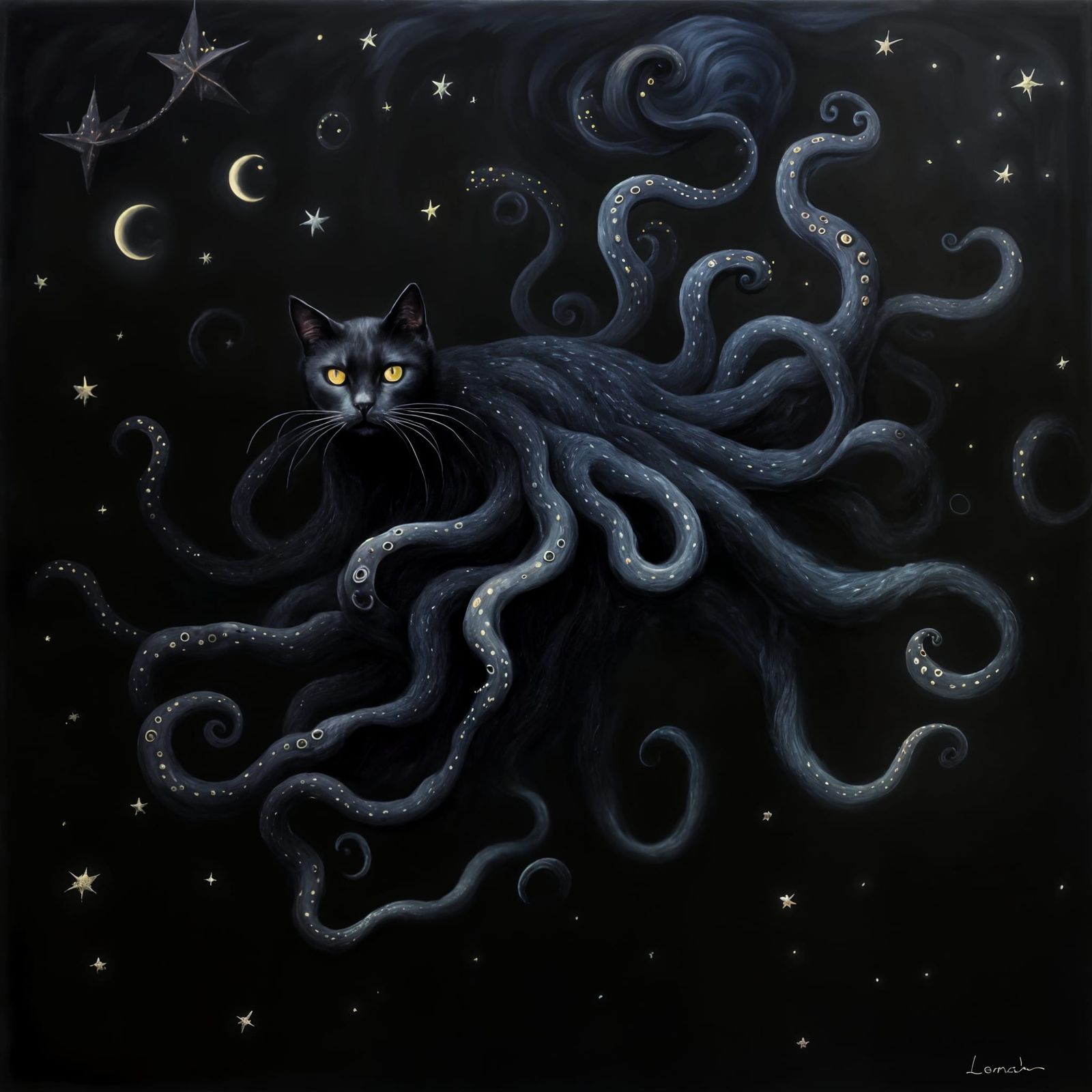 Eldritch Black Cat Drifting in Cosmic Void