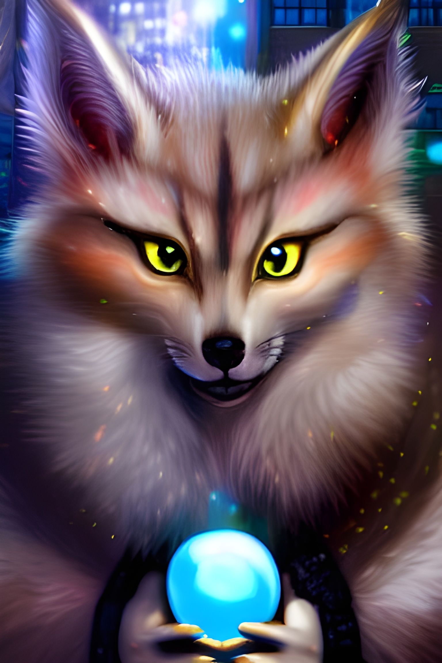 Forbidden Magic - Detailed Portrait of a cute possessive evil kitsune mage with fluffy white fur and big glowing blue ey...