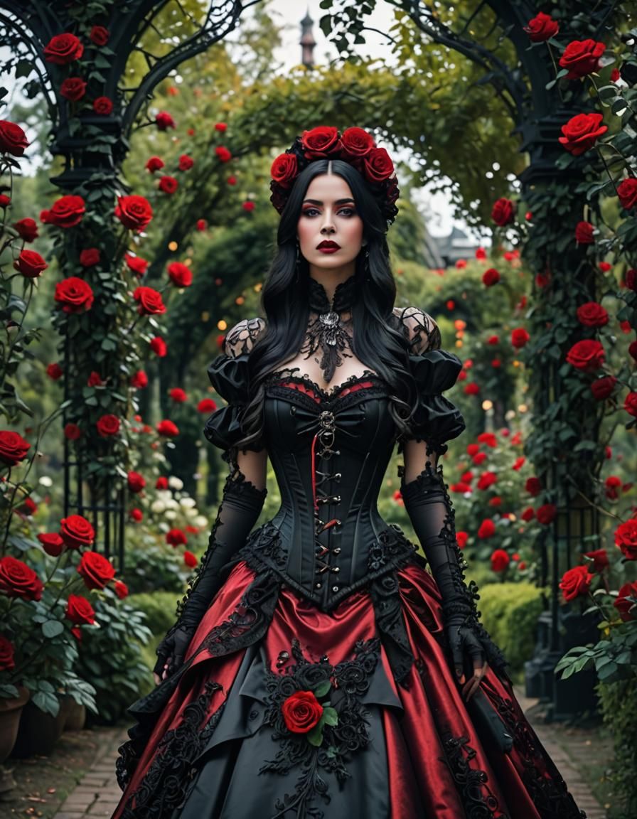 Elegant Cyborg in Gothic Red Rose Garden