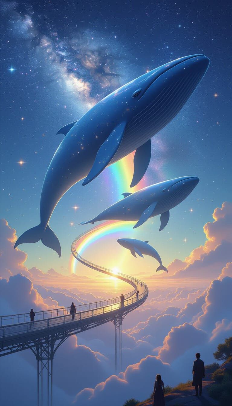 Ethereal Whales Glide on Sky-Bridges in Surreal Digital Art