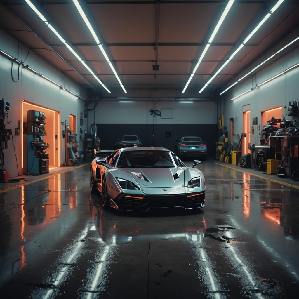 Neon-lit Sports Car in Dystopian Future Garage