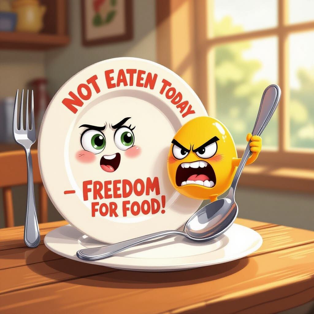 Humorous Cartoon Food Revolt: Plate, Fork, Spoon Demand Free...