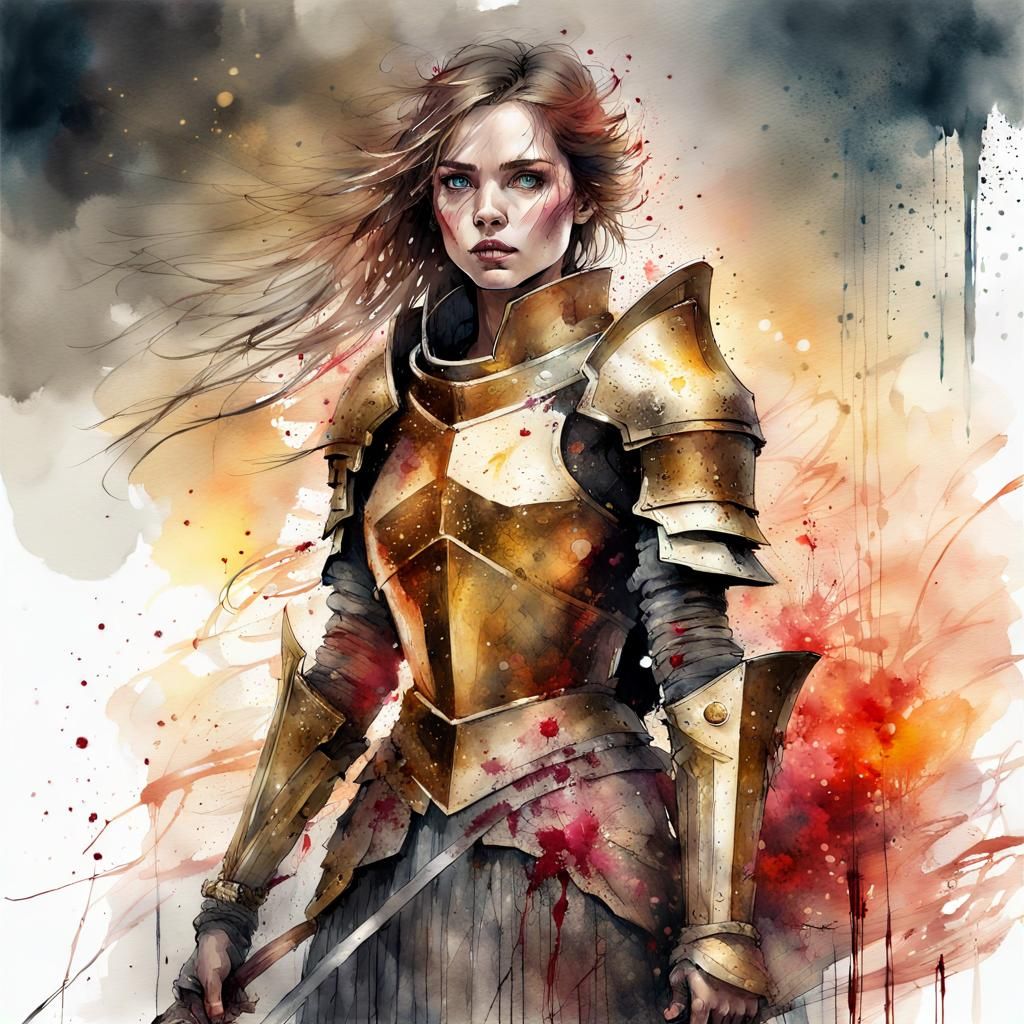 Fierce Knight Woman in Golden Armor, Digital Watercolor