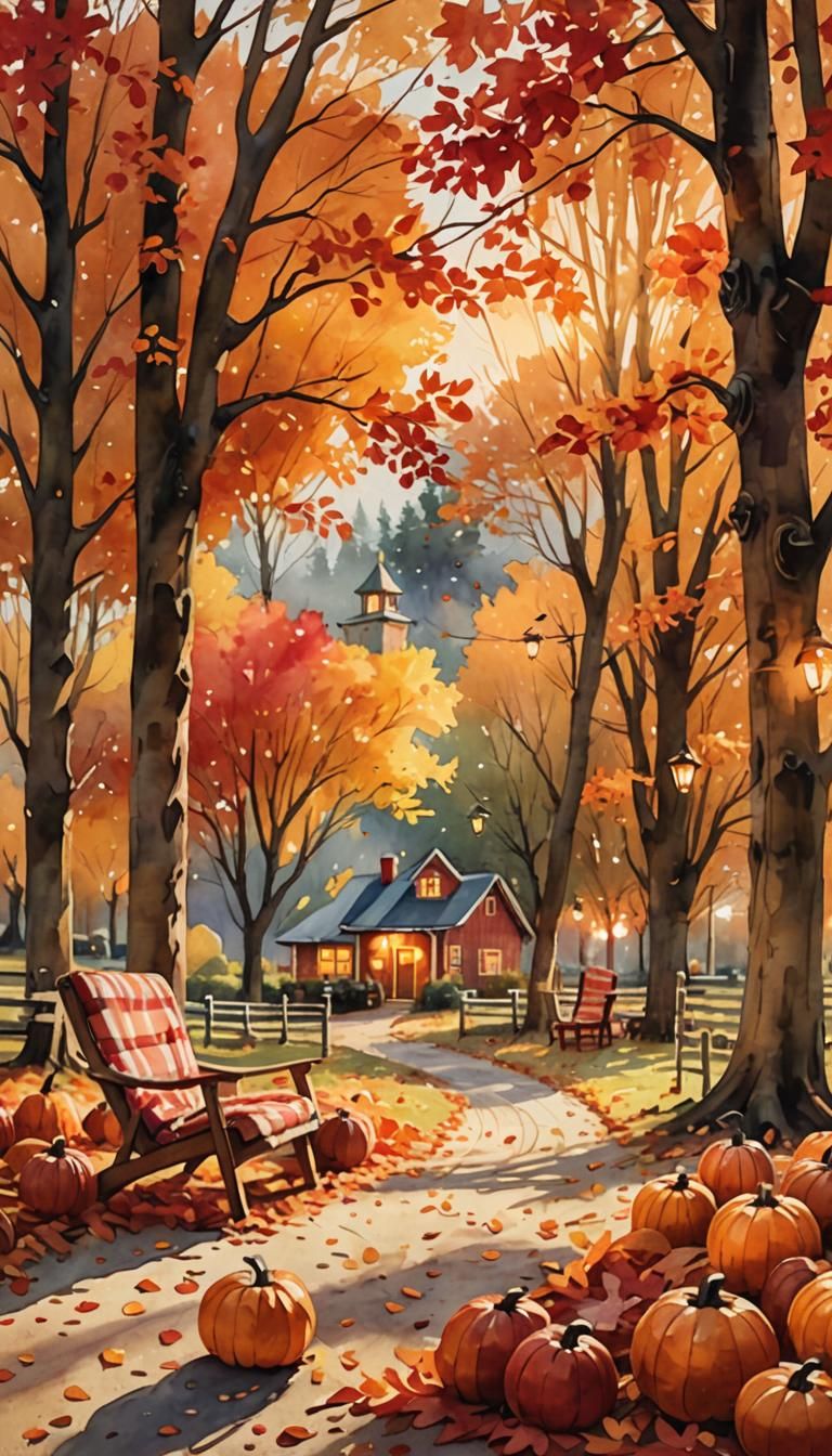 Serene Autumn Landscape with Pumpkin Patch in Watercolor Sty...