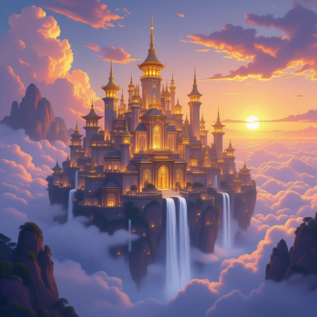 Majestic Floating City at Sunset with Golden Towers
