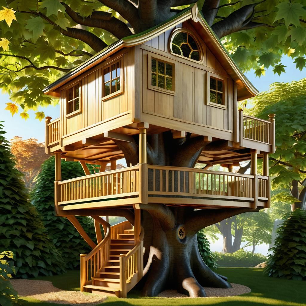 Hyperrealistic Maple Treehouse with Intricate Carvings