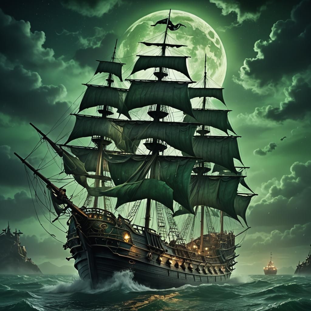 Haunted Pirate Ship in Stormy Night Sky