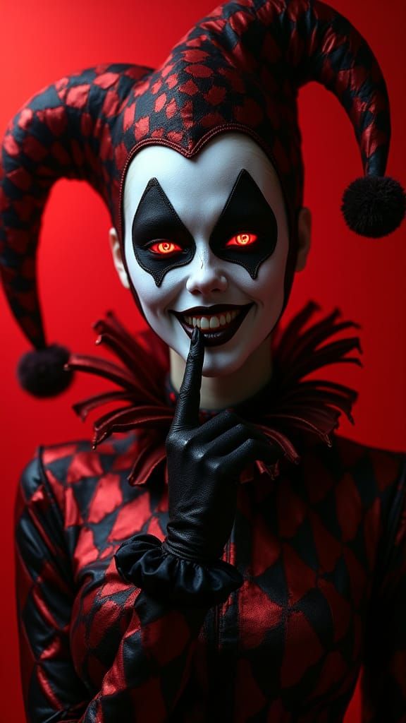 Sinister Jester in Hyper Realistic Style with Blazing Red Ba...