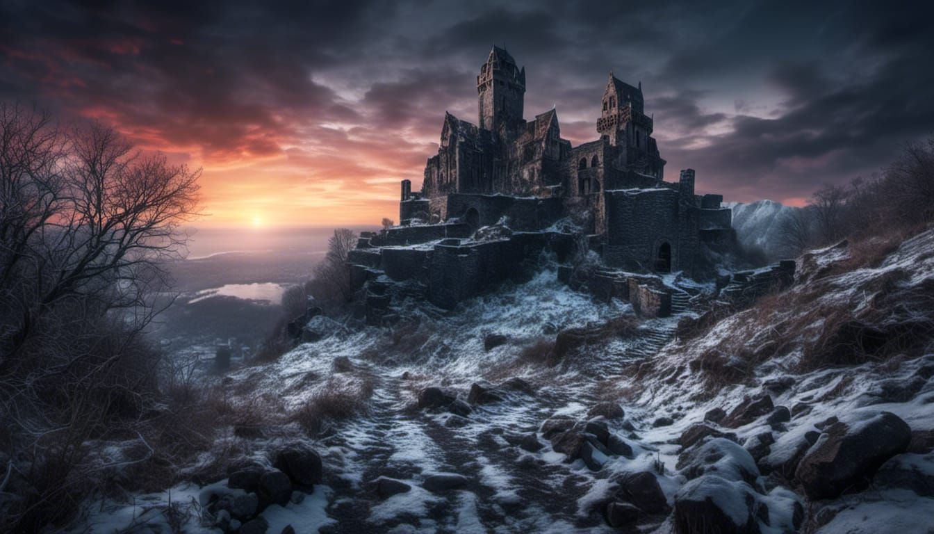 Dramatic Sunset Over Winter Ruins of Kaer Morhen