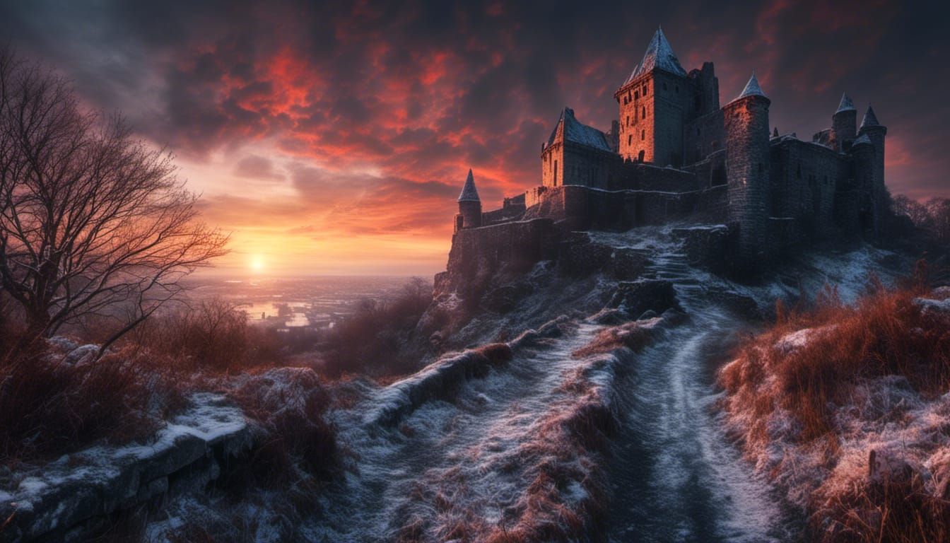 Dramatic Sunset Over Winter Fortress Ruins