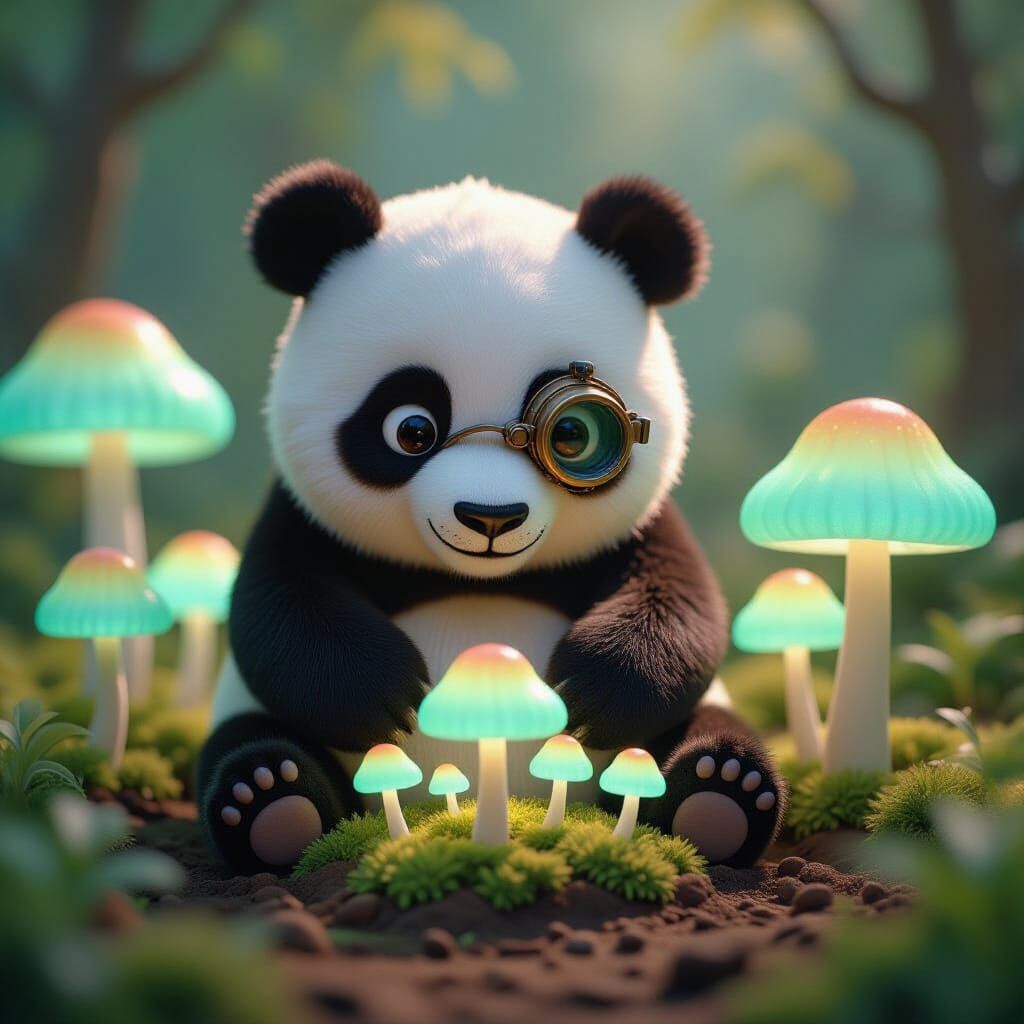 Panda's Bioluminescent Mushroom Garden in Stop-Motion Style